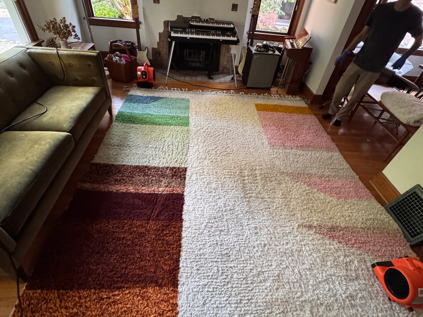 Freshly cleaned shag area rug in a Seattle living room with two orange air movers drying it